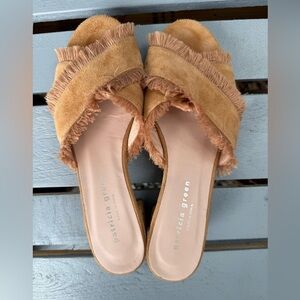 Patricia Green Camel Suede Fringe Mules